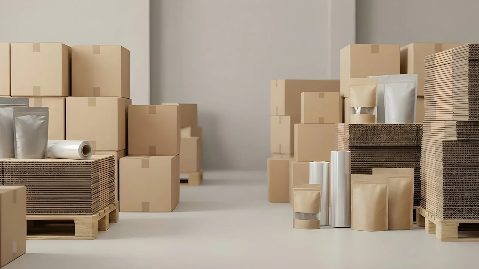 Cardboard boxes and packaging supplies in an e-commerce fulfillment space